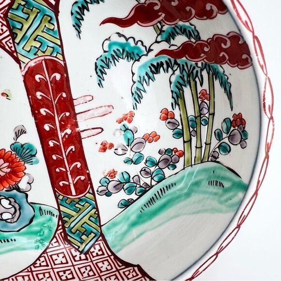 Japanese Imari Polychrome Vintage Meiji Period Flower Landscape Scene Arita Bowl - Picture 8 of 16